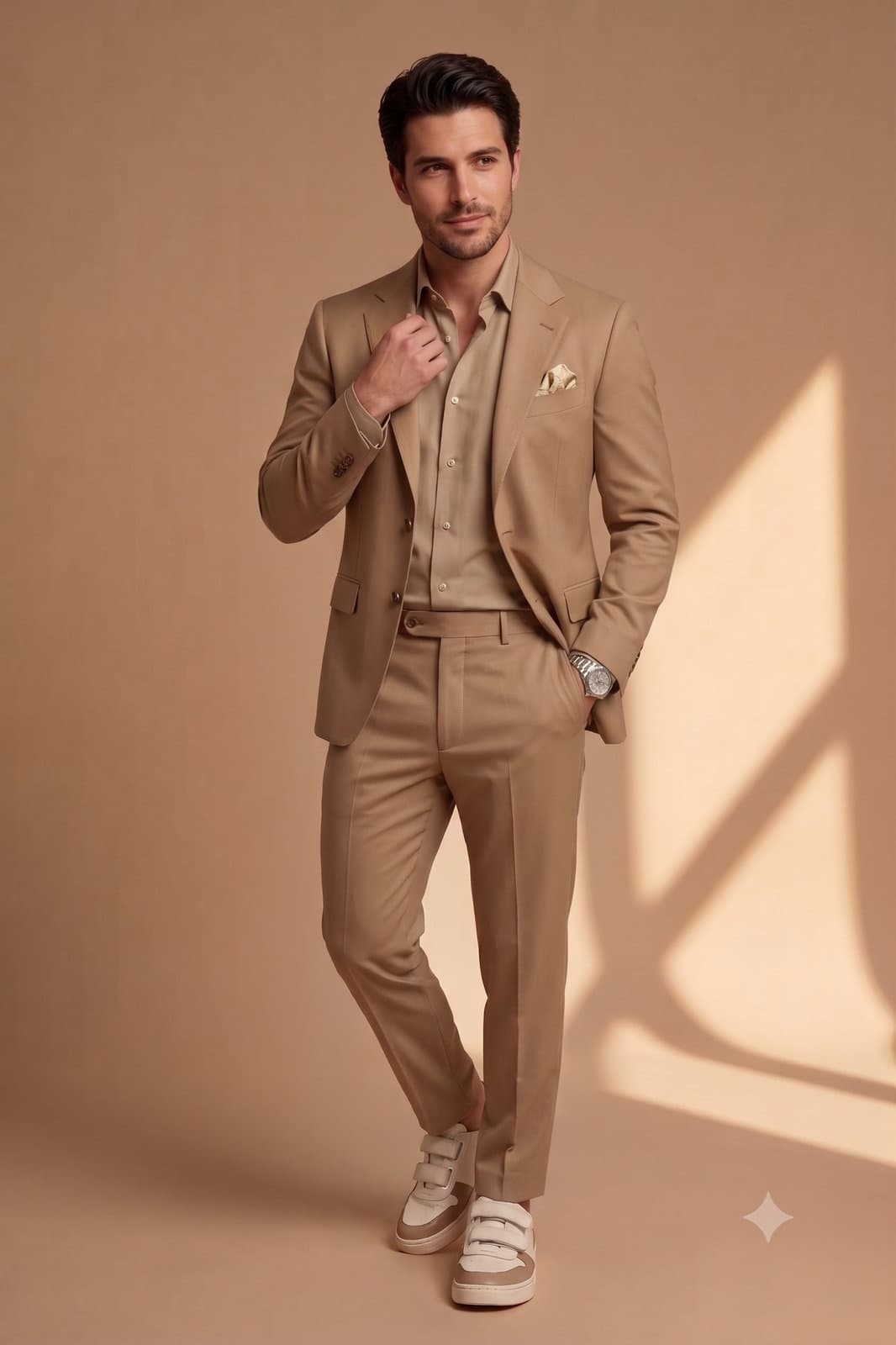Bej takım elbiseli erkek model